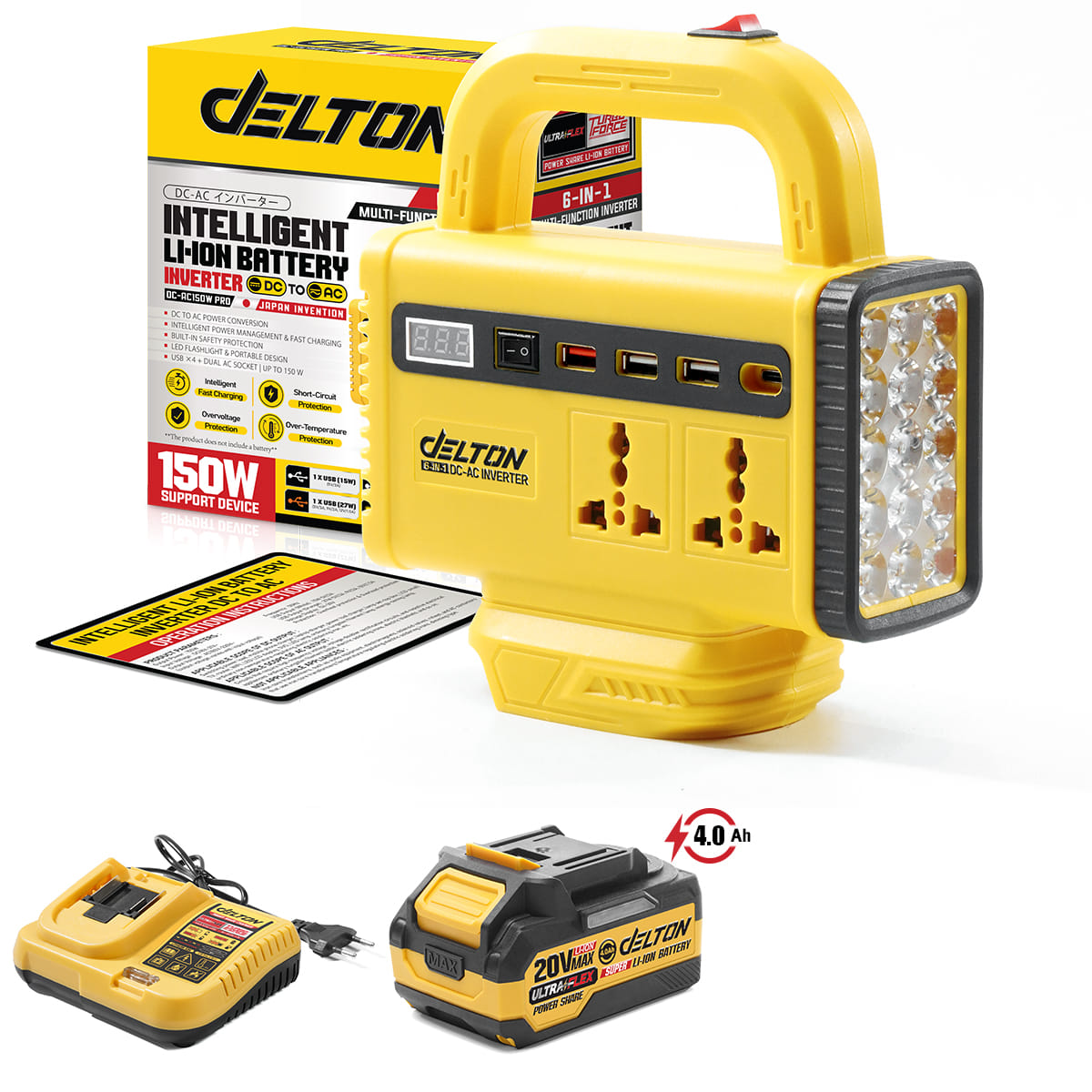 หัวแปลงปลั๊กไฟ (พร้อมแบตเตอรี่) DELTON รุ่น DC-AC150W-PRO ULTRAFLEX 20V 4AH_1